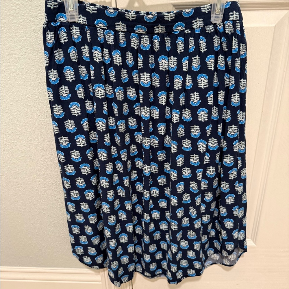 J. Crew Navy Blue Midi Skirt with Light Blue & White Leaf Print